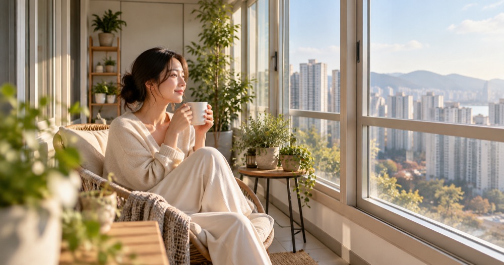 발코니에서 차를 마시는 입주민